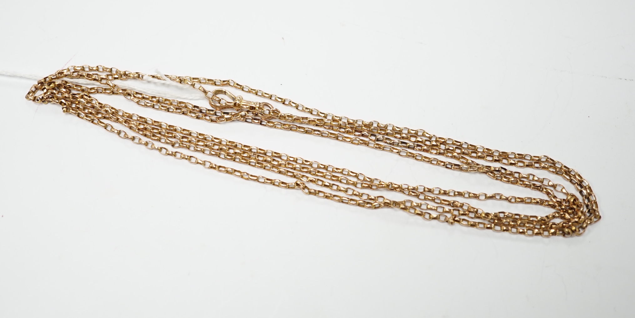 A 19th century 9ct oval link guard chain, 145cm, 8.4 grams.